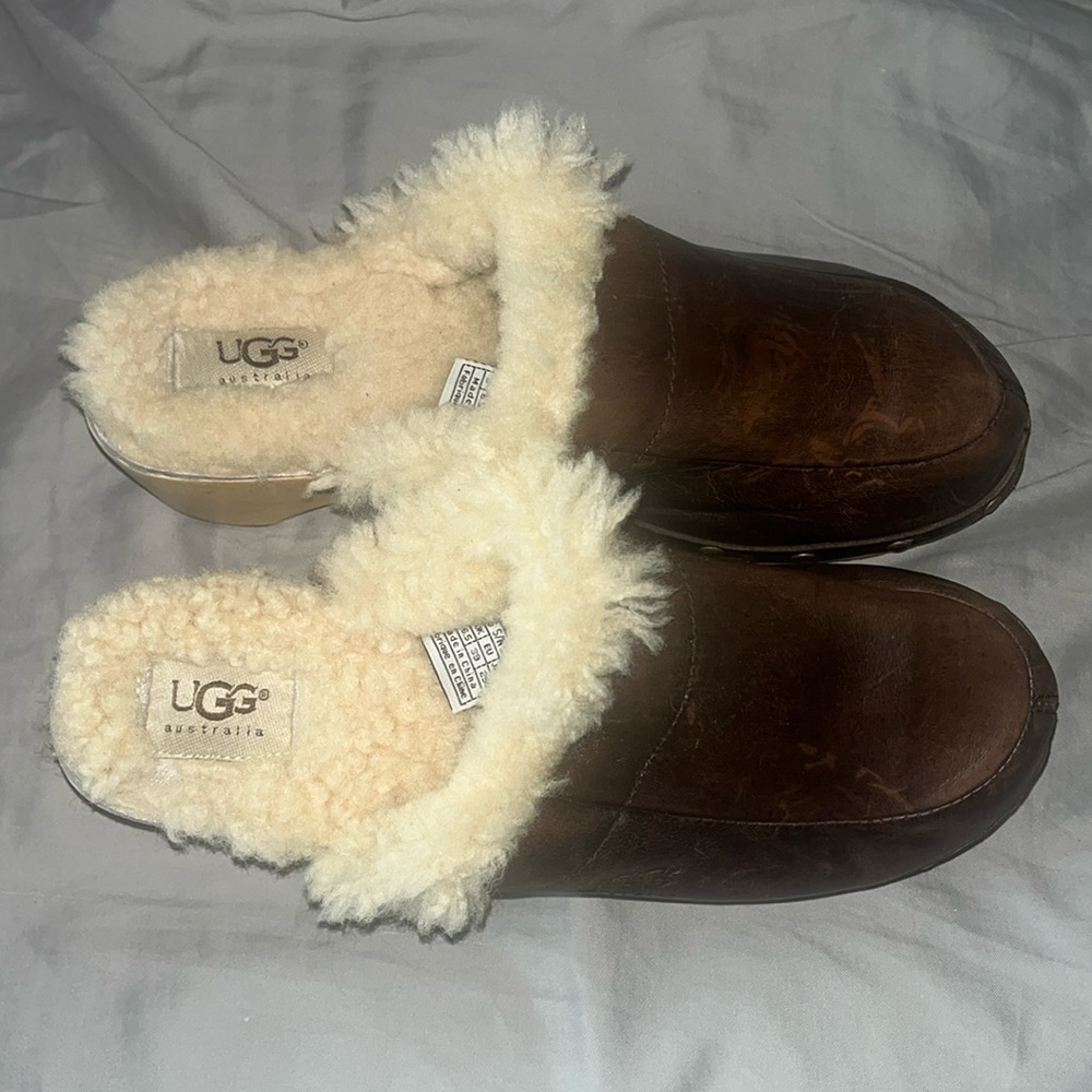 UGG Kalee Clogs Women’s 8 Brown Bomber Leather Sherpa Lined - Picture 4 of 15